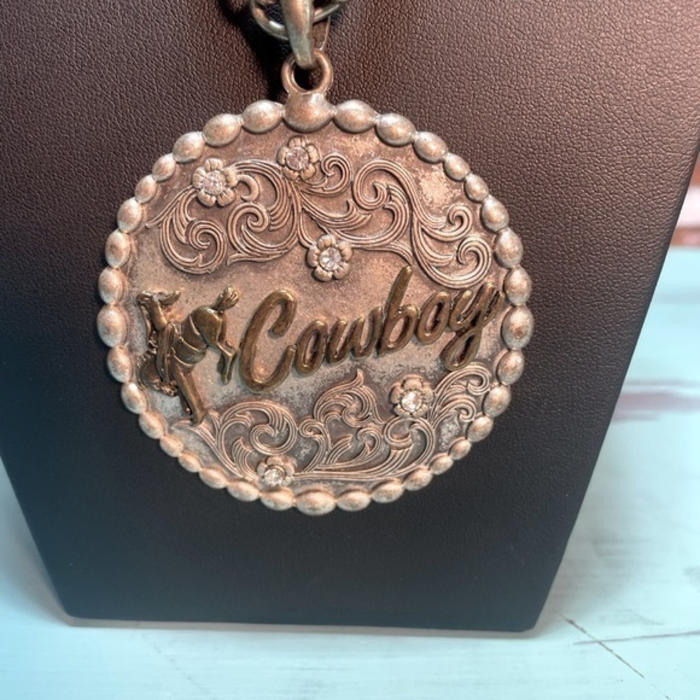 Cowboy Cowgirl Large Silver Toned Pendant Necklace with Rhinestones